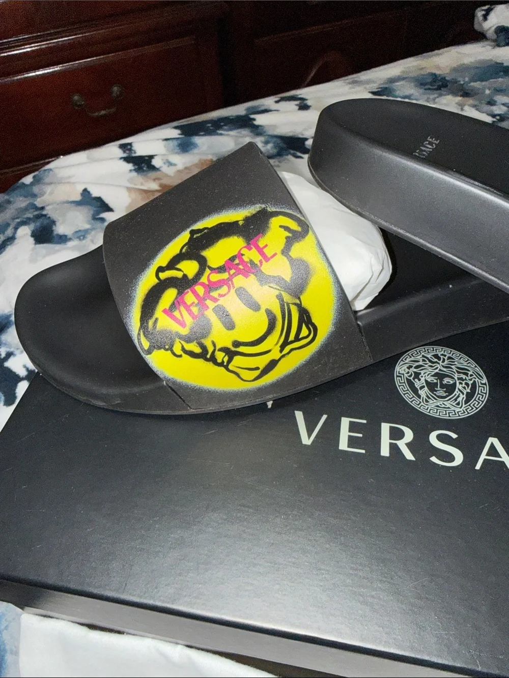Versace Black Slides with Yellow Medusa Graphic and Pink Accent